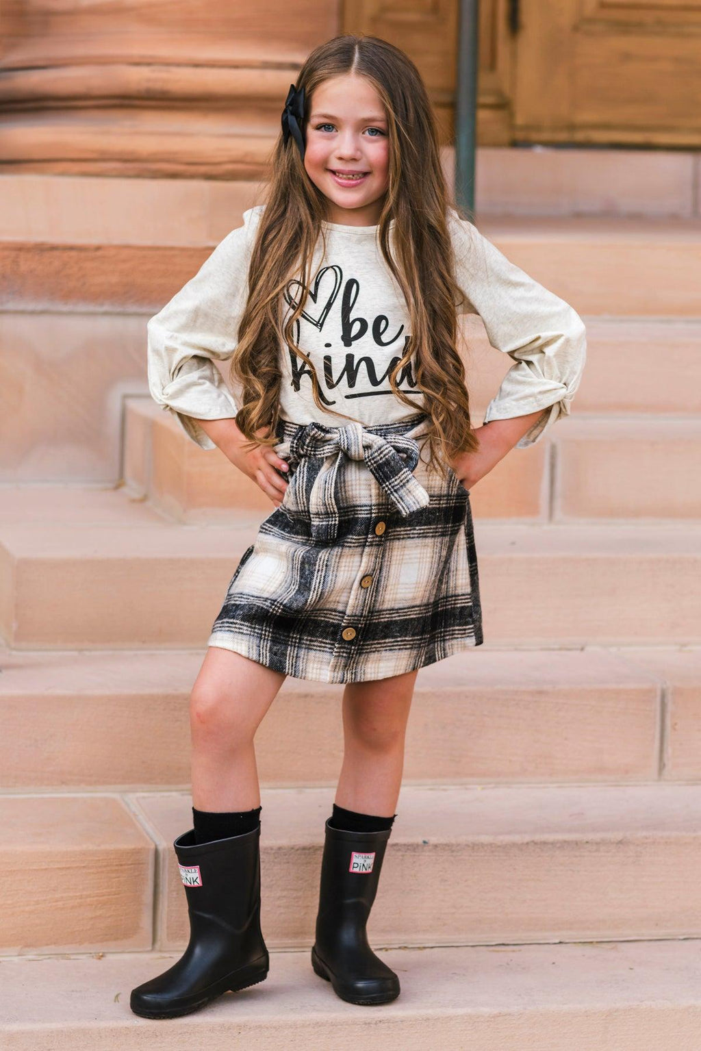 "Be Kind" Cream & Plaid Skirt Set | Sparkle in Pink