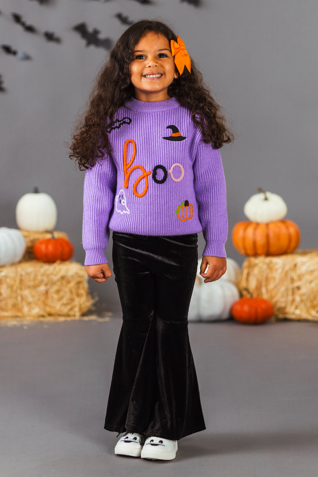 "Boo" Purple Knit Sweater Bell Bottom Set | Sparkle in Pink