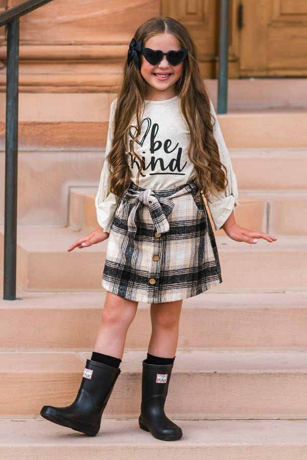 "Be Kind" Cream & Plaid Skirt Set | Sparkle in Pink