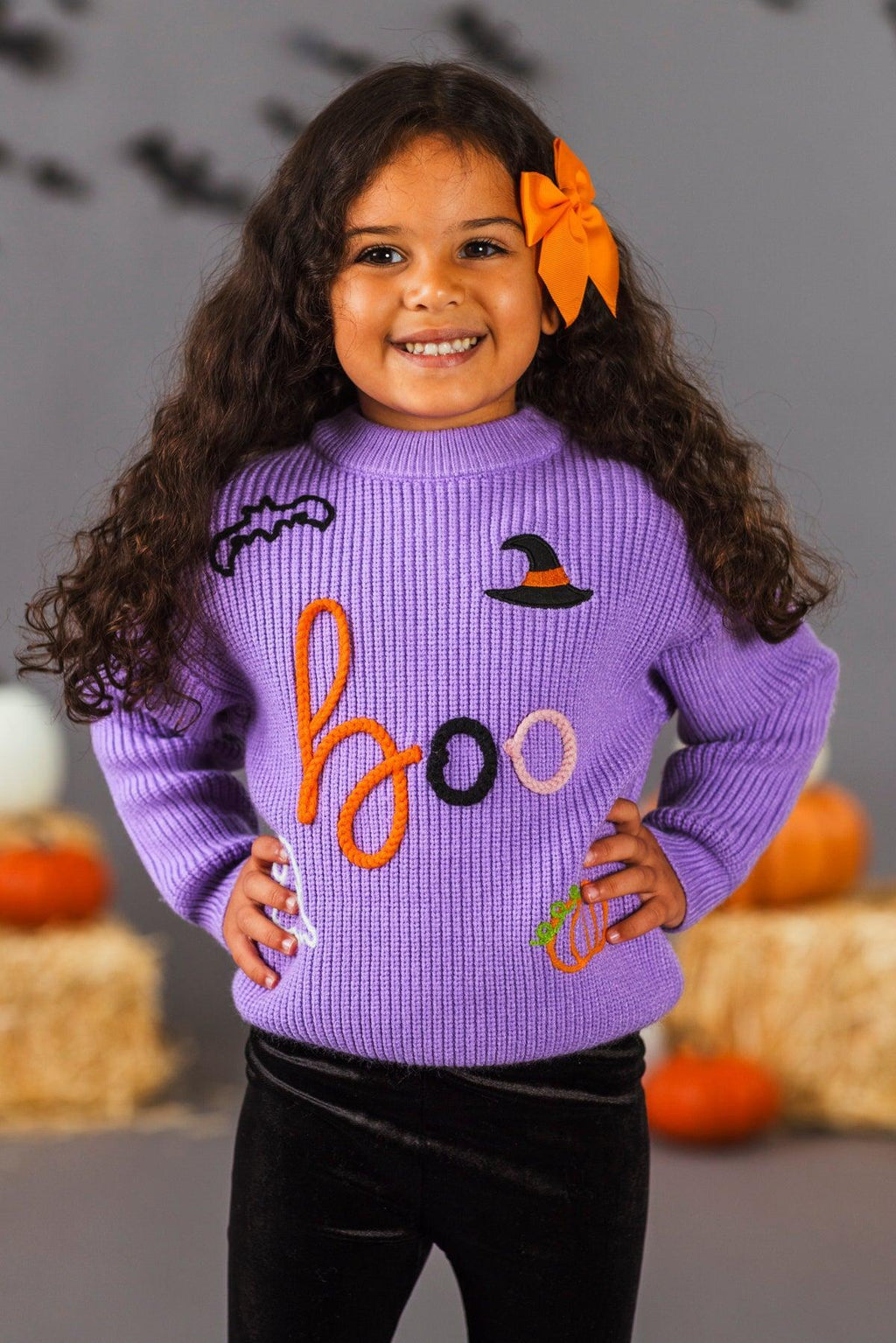 "Boo" Purple Knit Sweater Bell Bottom Set | Sparkle in Pink