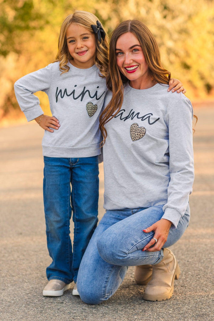 Mom & Me - "Mama & Mini" Gray Long Sleeve Top - BABY-0-3 Months-FAMILY - Matching gray long sleeve tops with "mama" and "mini" text and heart designs, worn by woman and child.