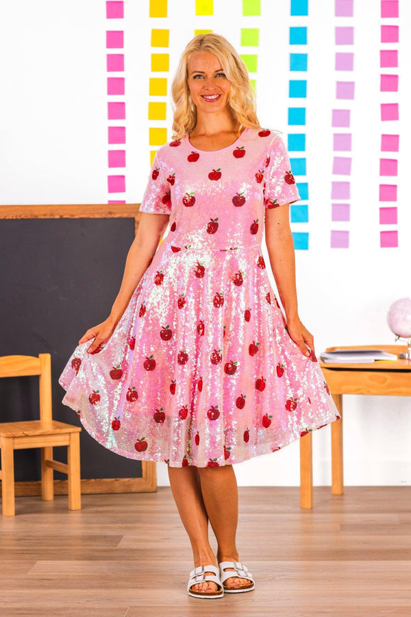 Pink Sequin Apple Dress | Girls' Back to School Clothing Sparkle In Pink Pink Sequin Apple Dress | Girls' Back to School Clothing Sparkle In Pink