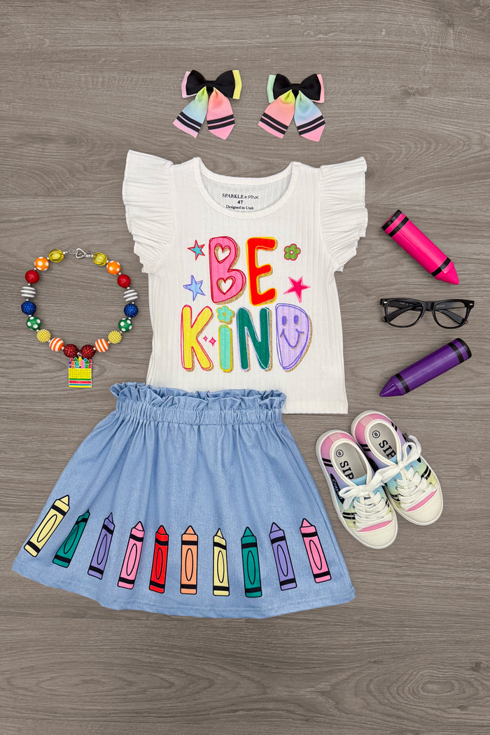 "Be Kind" Crayon Skirt Set - 3T - White short-sleeve tee with "Be Kind" rainbow text and blue skirt with colorful crayon appliques.