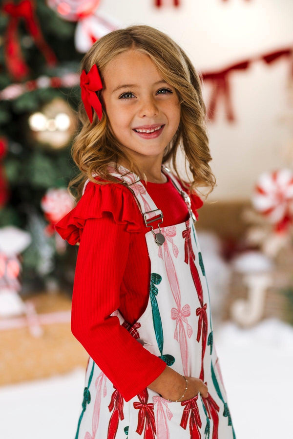 Christmas Bows Denim Overall Dress Set
