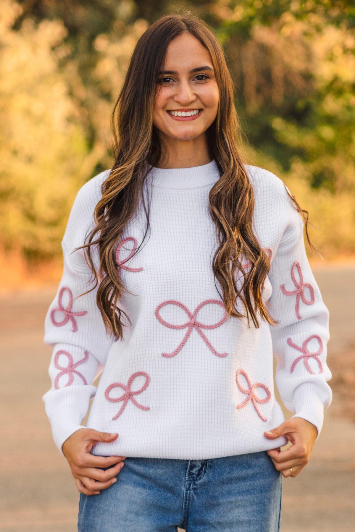 Mom & Me - White & Pink Bow Knit Sweater