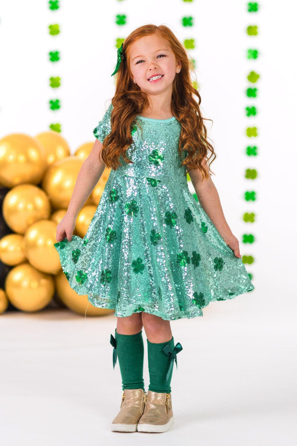 Green Sequin Shamrock Dress | Girls' St. Patrick's Day Clothing Sparkle In Pink Green Sequin Shamrock Dress | Girls' St. Patrick's Day Clothing Sparkle In Pink