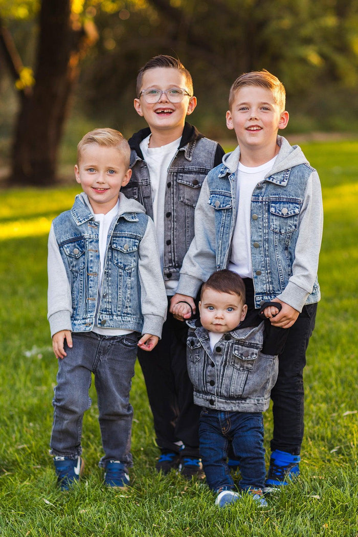 Hooded Denim Jacket - Black / 3XS-6-12 Months - Kids wearing black and gray hooded denim jackets in various sizes outdoors.