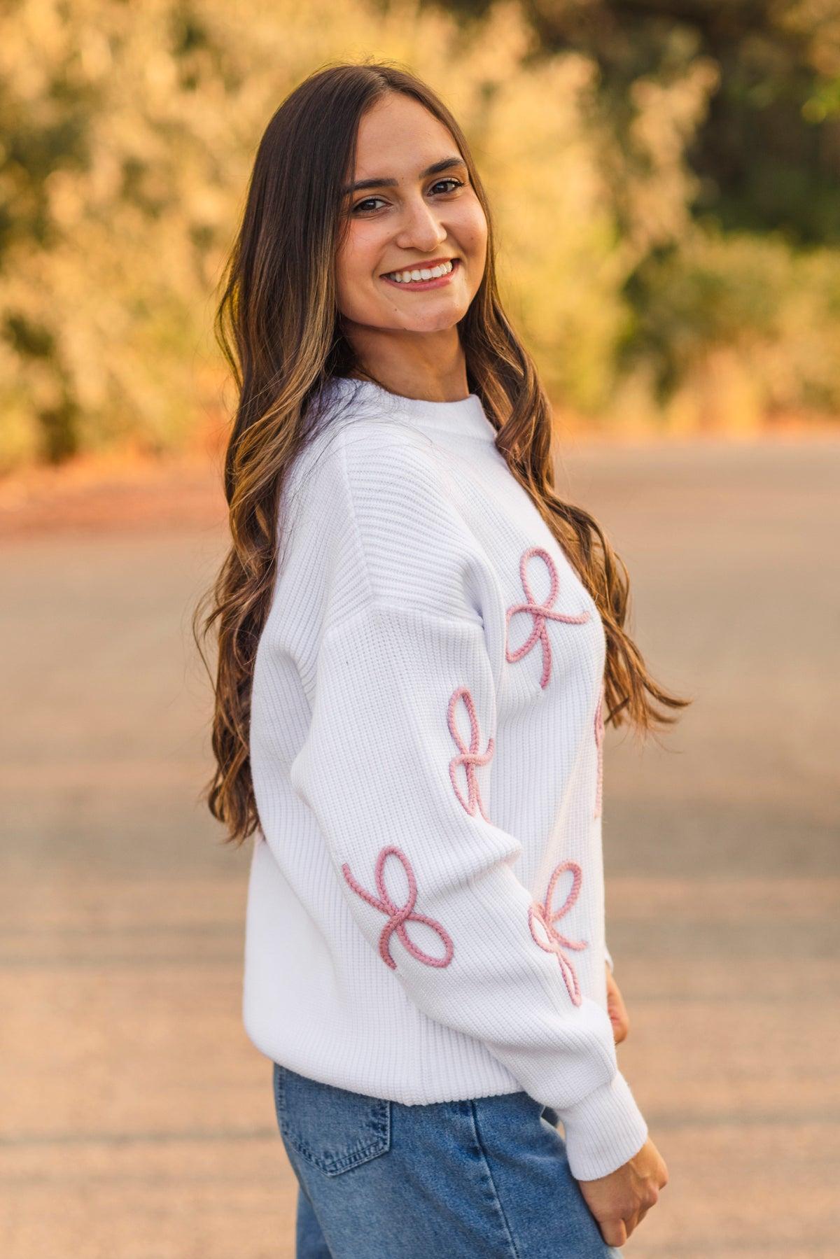 Mom & Me - White & Pink Bow Knit Sweater
