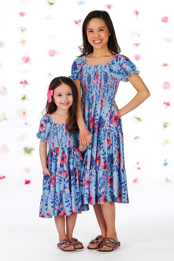Blue & Pink Floral Dress | Matching Mom & Me Clothing Sparkle In Pink Blue & Pink Floral Dress | Matching Mom & Me Clothing Sparkle In Pink