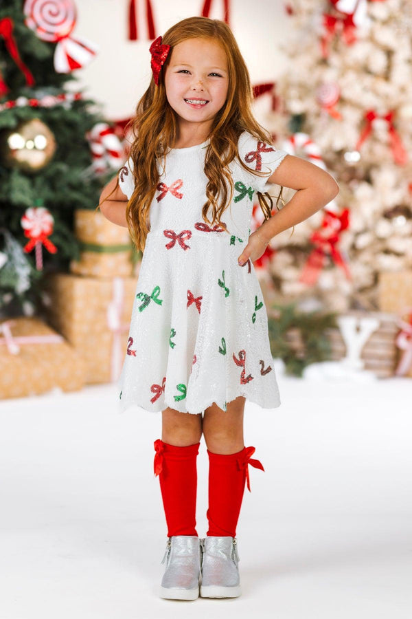 Red & Green Sequin Bow Dress | Girls' Christmas Clothing Sparkle In Pink Red & Green Sequin Bow Dress | Girls' Christmas Clothing Sparkle In Pink