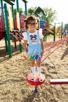 "Hello Preschool - 4th Grade" Rainbow Pencil Suspender Skirt Set | Sparkle in Pink