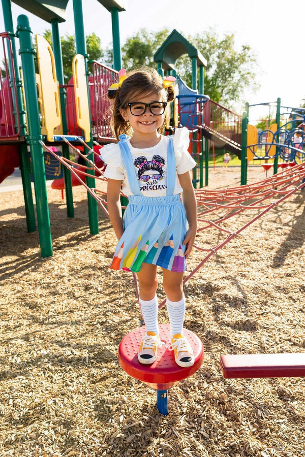 "Hello Preschool - 4th Grade" Rainbow Pencil Suspender Skirt Set | Sparkle in Pink