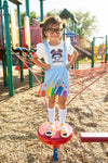 "Hello Preschool - 4th Grade" Rainbow Pencil Suspender Skirt Set | Sparkle in Pink
