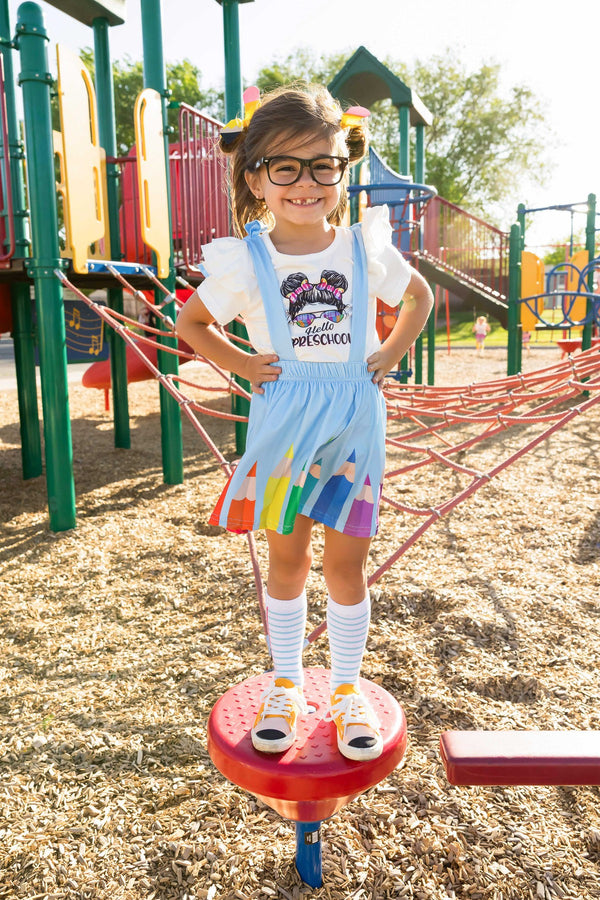 "Hello Preschool - 4th Grade" Rainbow Pencil Suspender Skirt Set | Sparkle in Pink