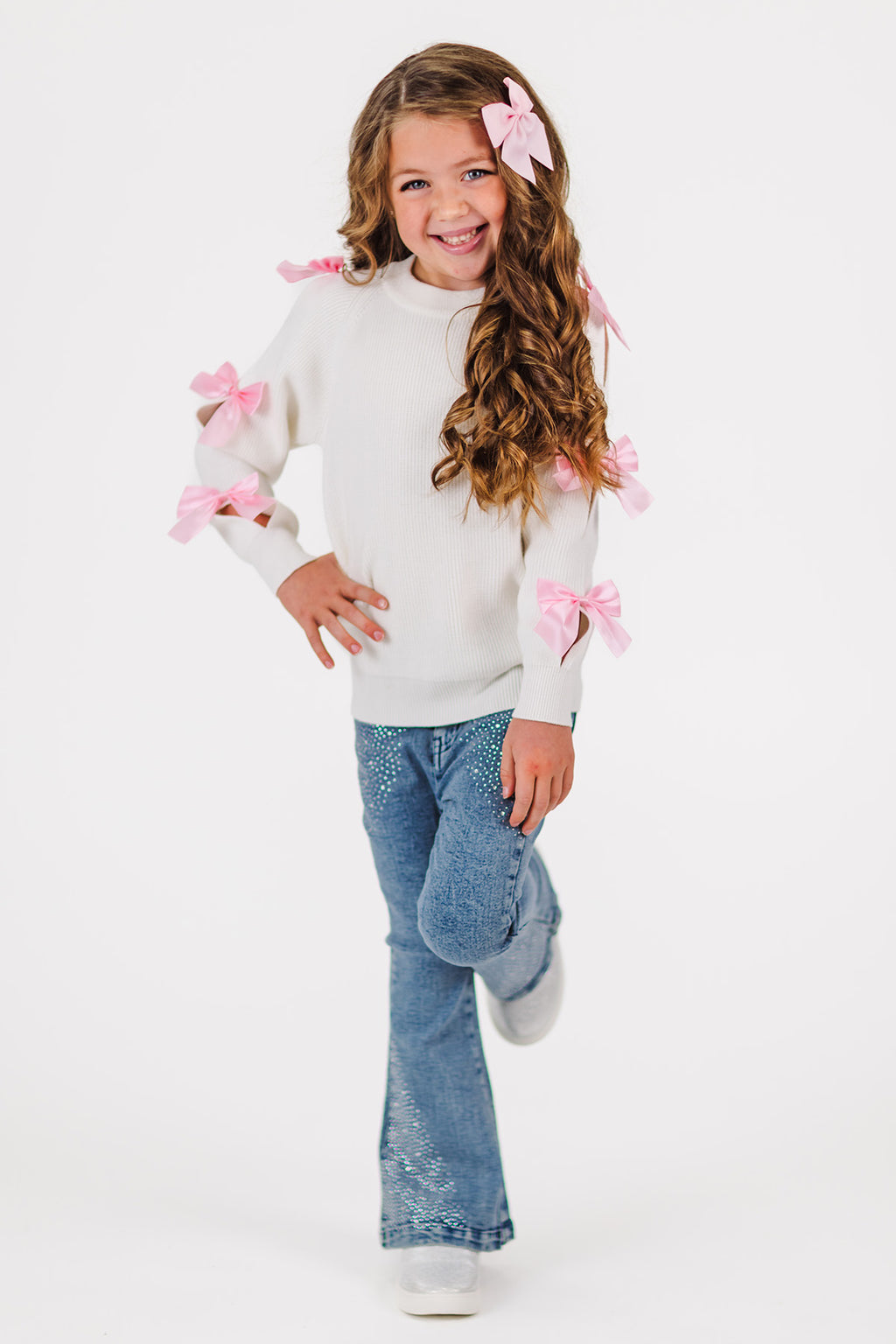 Cream Bow Sweater Sequin Denim Flare Set