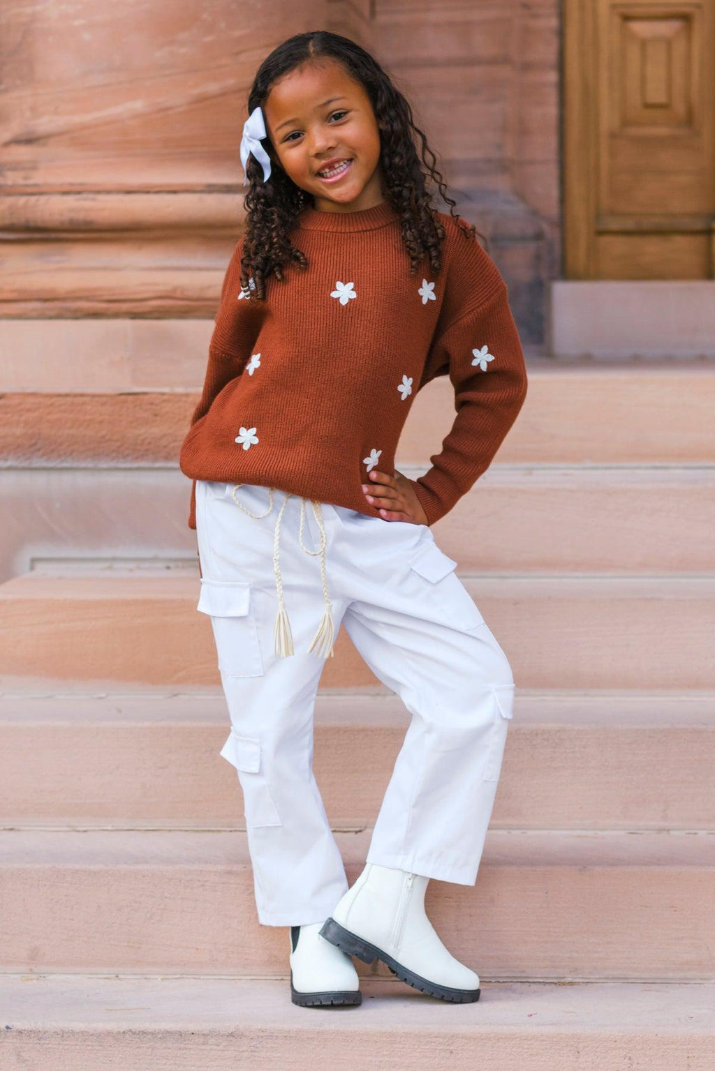 Brown Flower Sweater Cargo Pant Set | Sparkle in Pink