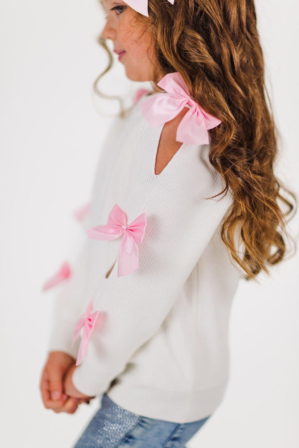 Cream Bow Sweater Sequin Denim Flare Set