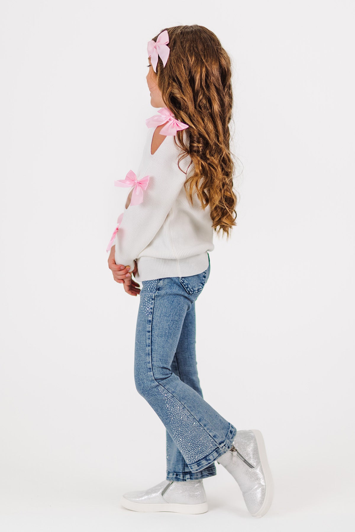 Cream Bow Sweater Sequin Denim Flare Set