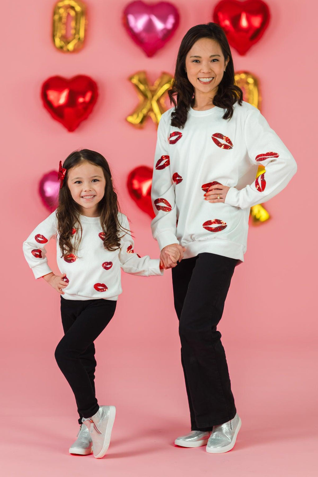 Mom & Me - White Sequin Lipstick Kiss Top | Sparkle in Pink
