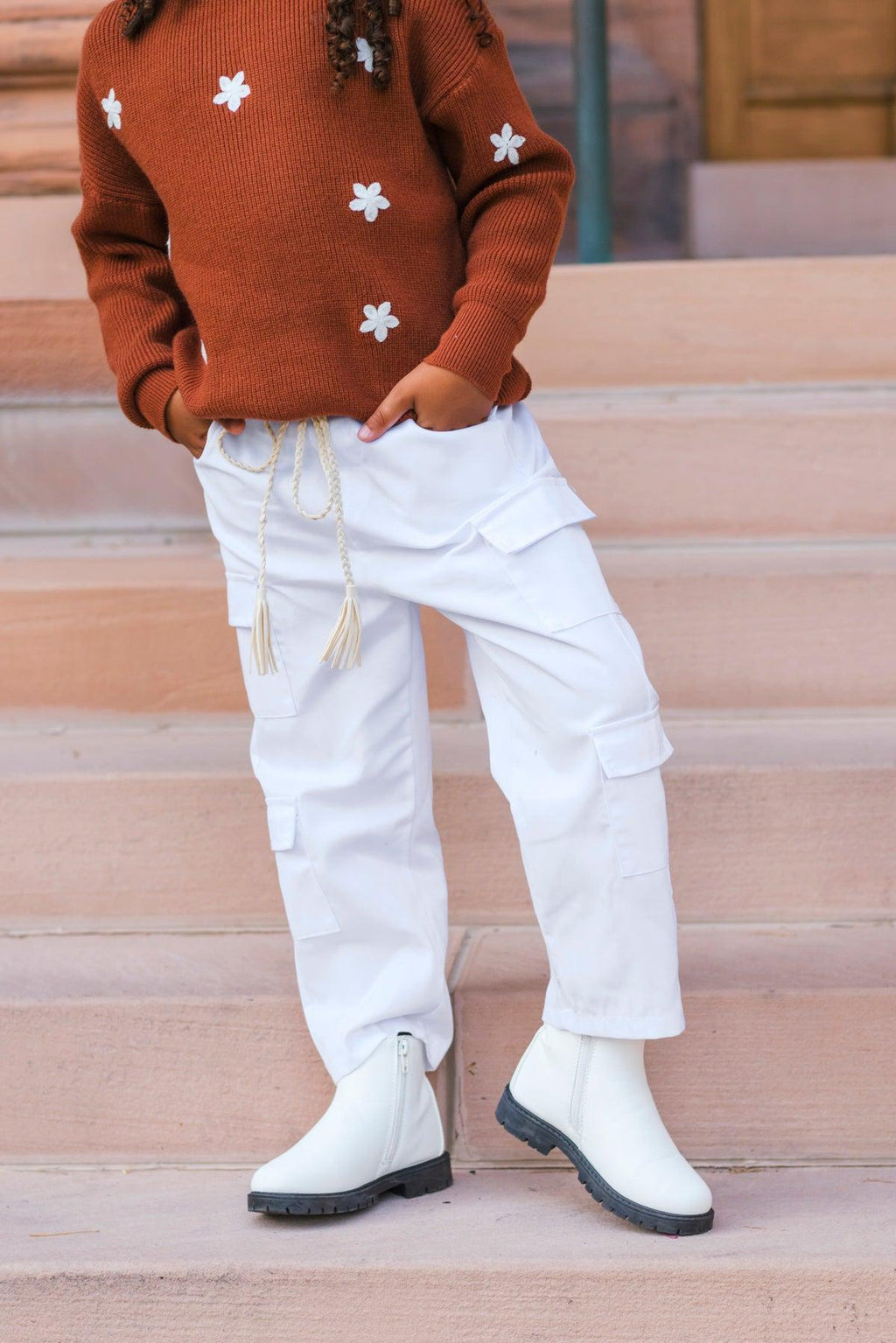 Brown Flower Sweater Cargo Pant Set | Sparkle in Pink
