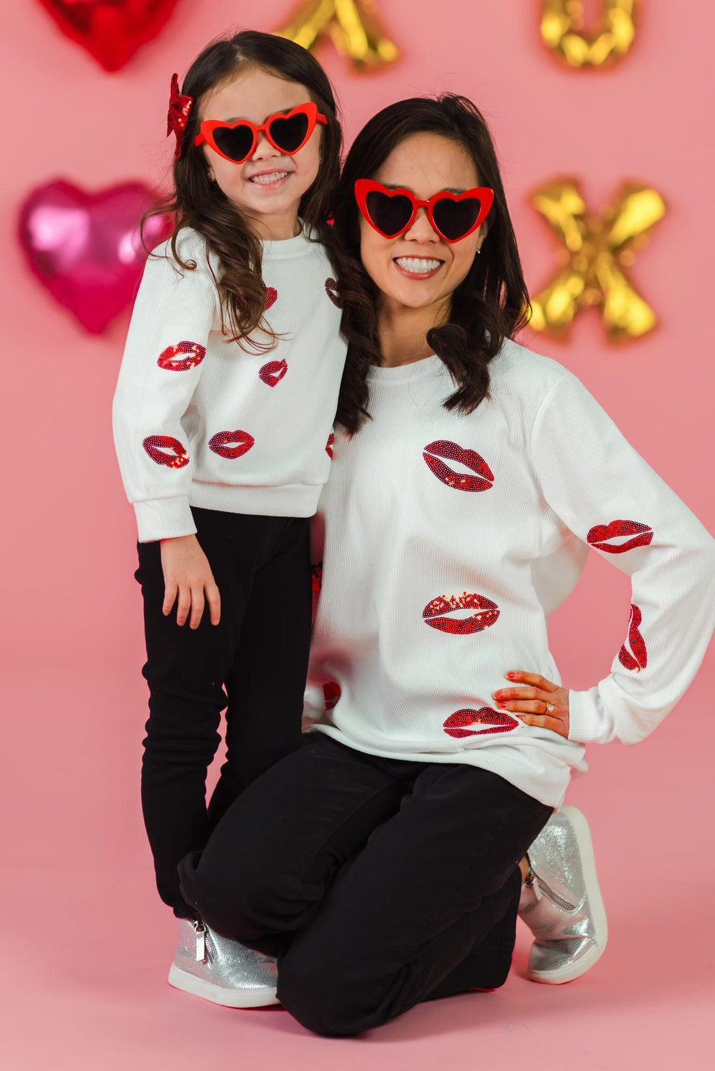 Mom & Me - White Sequin Lipstick Kiss Top | Sparkle in Pink