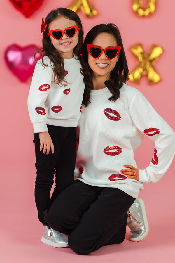 Mom & Me - White Sequin Lipstick Kiss Top | Sparkle in Pink