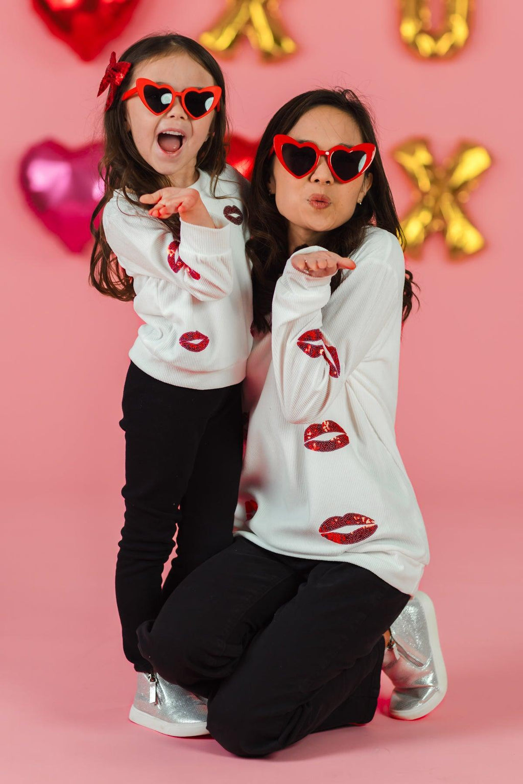 Mom & Me - White Sequin Lipstick Kiss Top | Sparkle in Pink