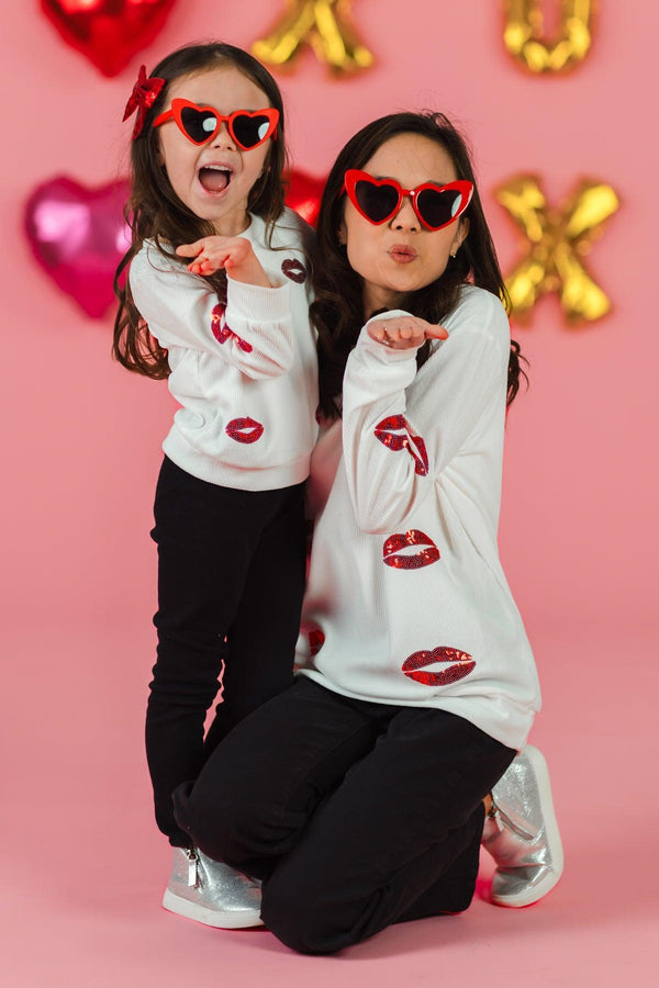 Mom & Me - White Sequin Lipstick Kiss Top | Sparkle in Pink