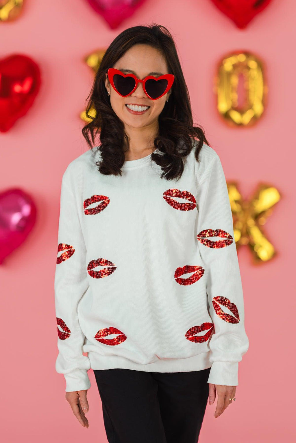 Mom & Me - White Sequin Lipstick Kiss Top | Sparkle in Pink