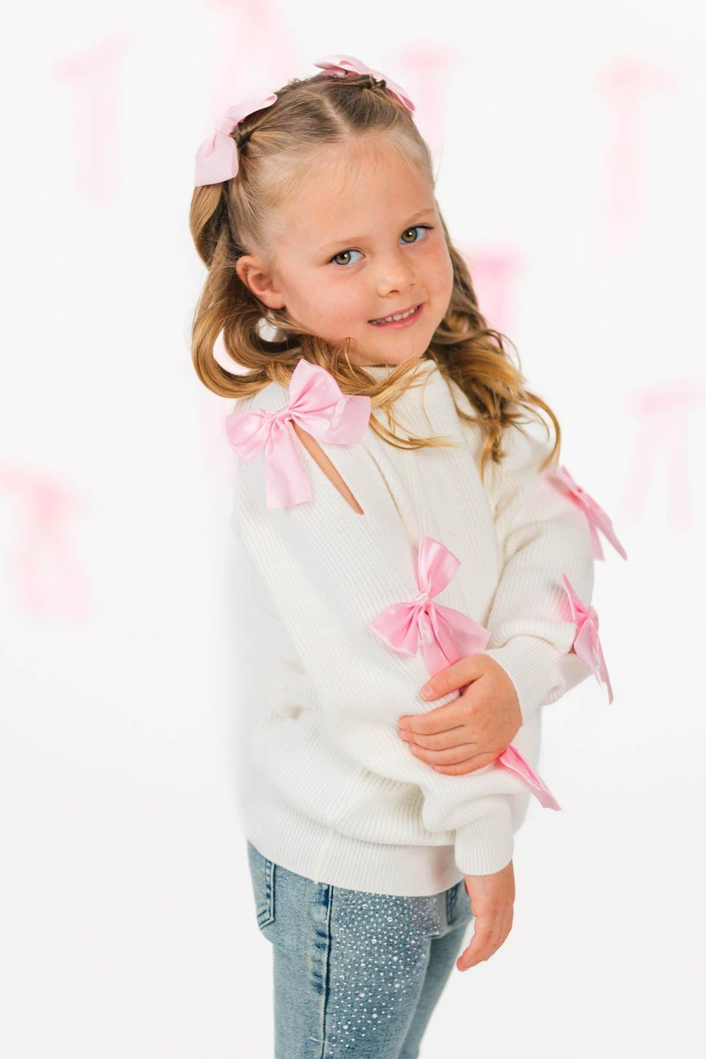 Cream Bow Sweater Sequin Denim Flare Set