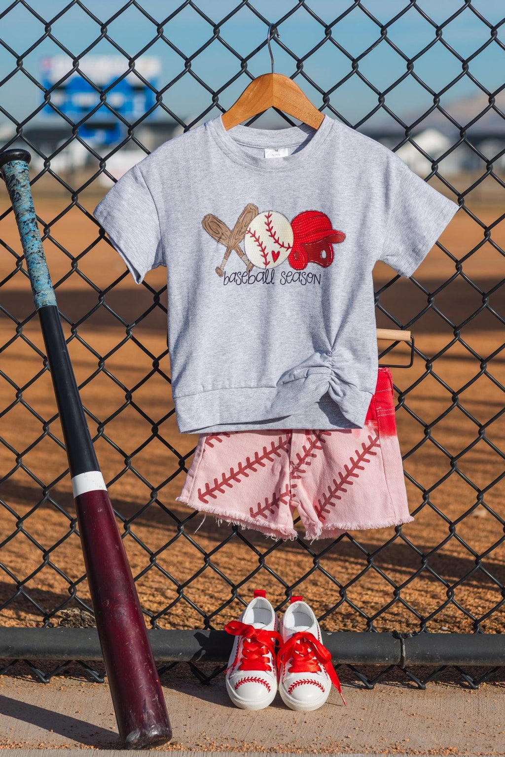 "Baseball Season" Gray & Red Ombre Denim Short Set | Sparkle in Pink