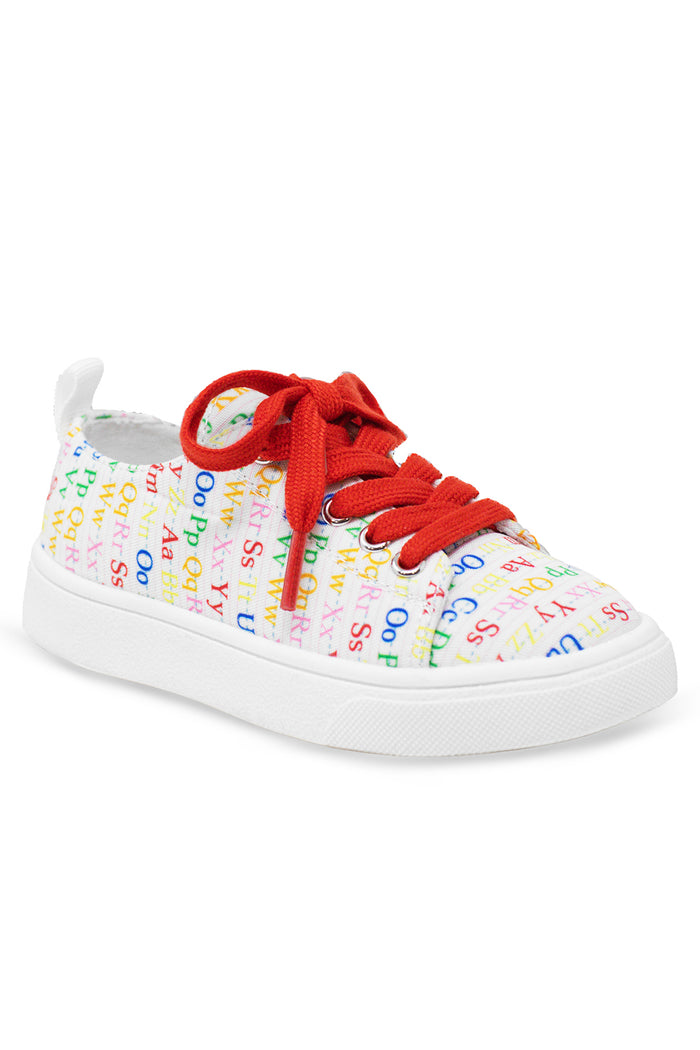Alphabet Sneakers - KIDS-8T - White kids' sneakers with rainbow alphabet print and red laces, white sole.