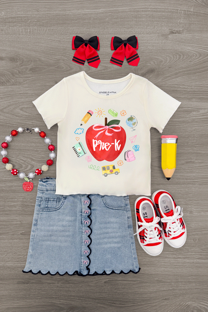 "Pre-K - Fifth Grade" Apple Denim Skirt Set - PRE-K / 2T - Cream short-sleeve tee with colorful apple graphic and denim skirt with scalloped hem and embroidered trim.