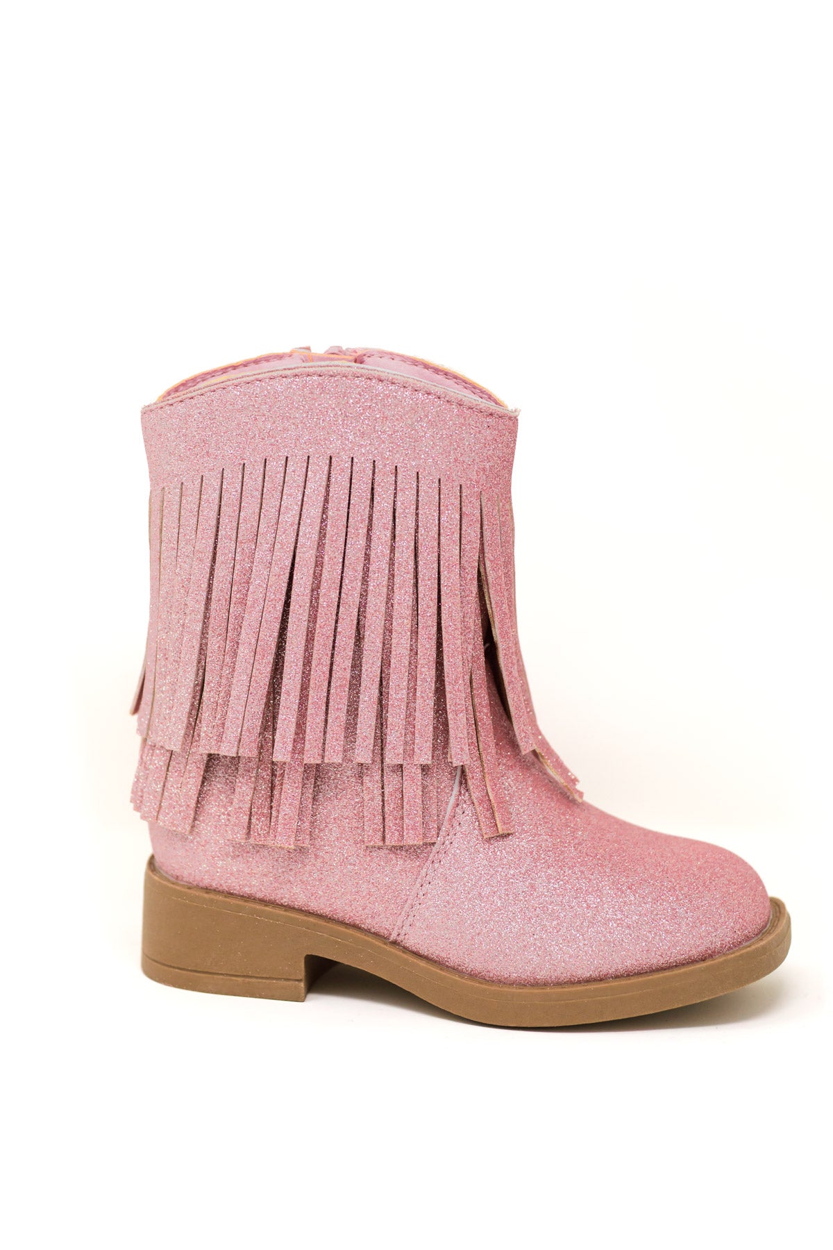 Glitter Cowgirl Boots - Pink / KIDS-5T - Pink glittery cowgirl boots with layered fringe and tan low block heel.