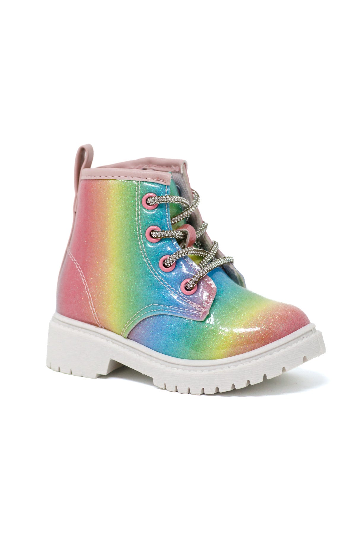 Glitter Lace-Up Combat Boots - Rainbow / KIDS-5T - Rainbow glittery lace-up combat boots with pink eyelets and white chunky soles.