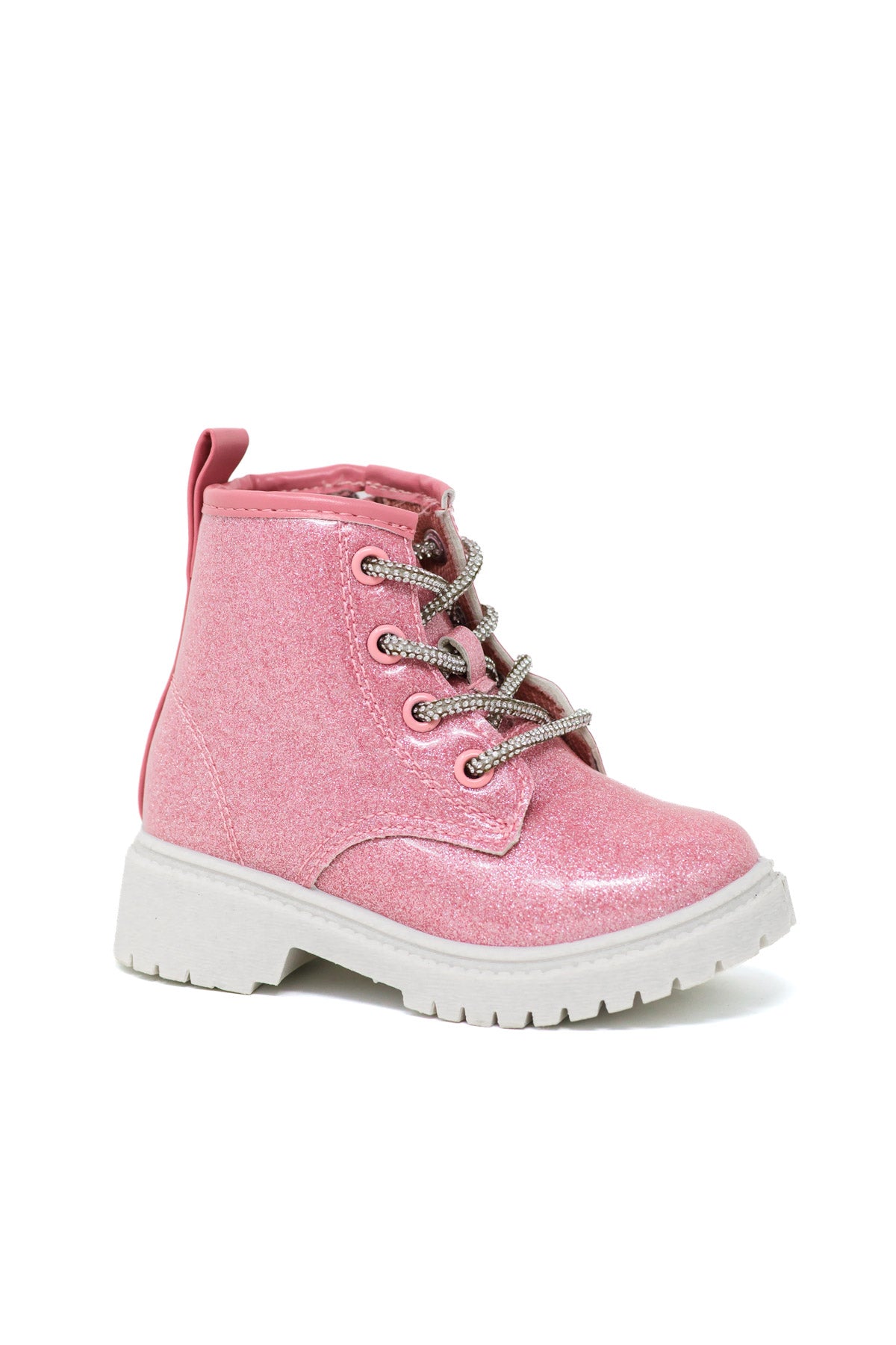 Glitter Lace-Up Combat Boots - Pink / KIDS-5T - Pink glittery lace-up combat boot with thick white sole and brown laces.