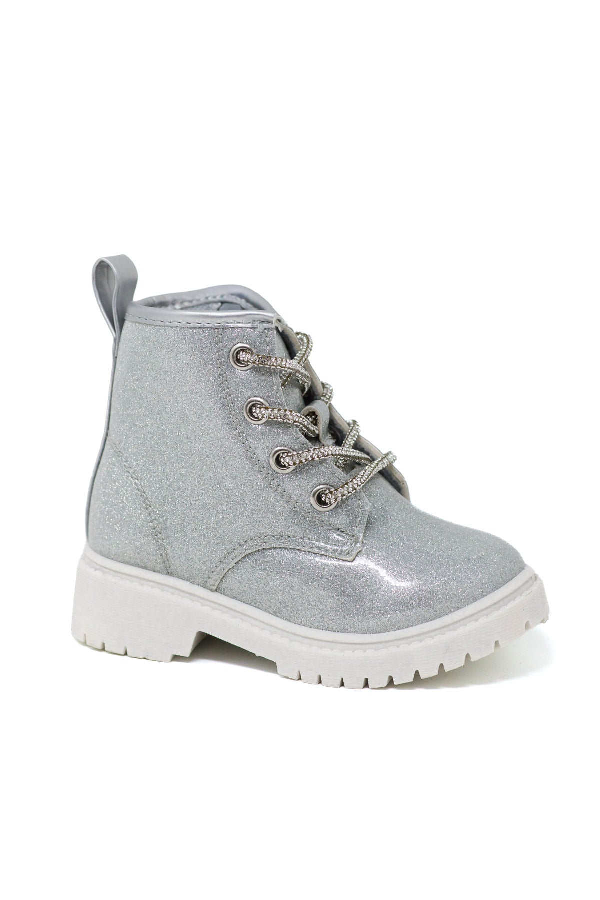Glitter Lace-Up Combat Boots - Silver / KIDS-5T - Silver glitter lace-up combat boot with chunky white sole and rounded toe.
