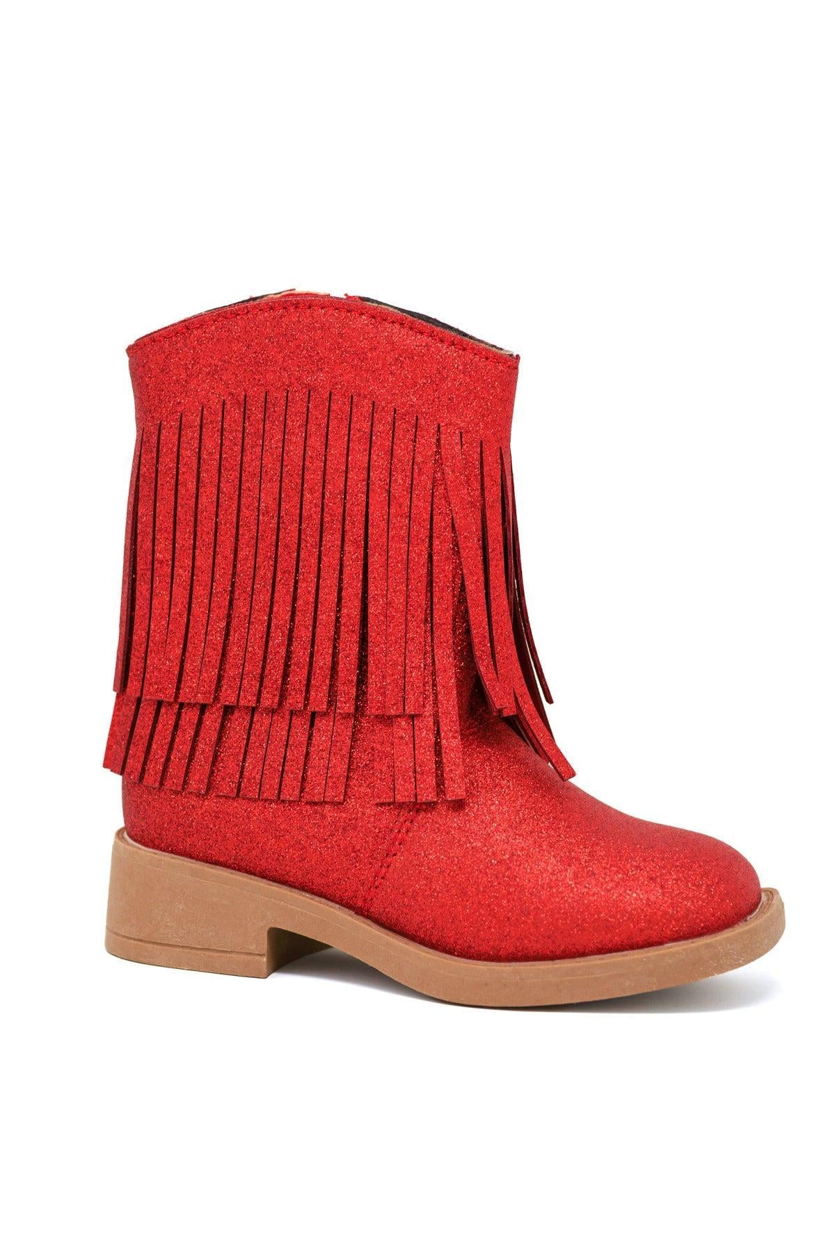Glitter Cowgirl Boots - Red / KIDS-5T - Red glitter cowgirl boots with layered fringe detailing and tan low heel rubber sole.