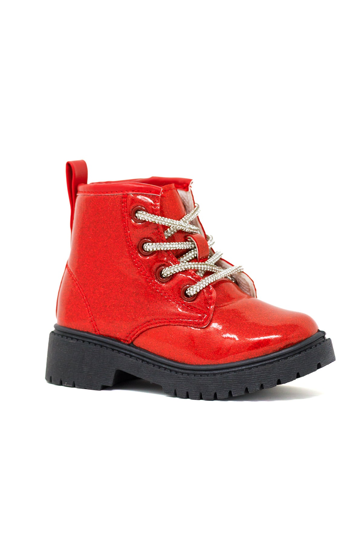 Red Glitter Lace-Up Combat Boots - KIDS-5T - Shiny red glitter lace-up combat boot with thick black sole and beige laces.