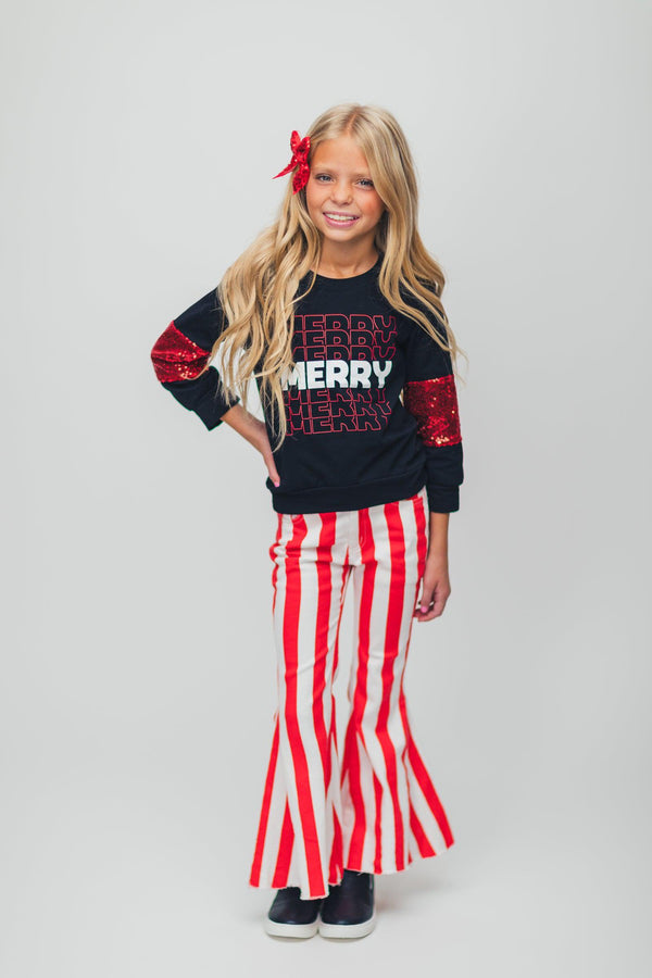"Merry" Stripe Denim Bell Bottom Set - Sparkle in Pink