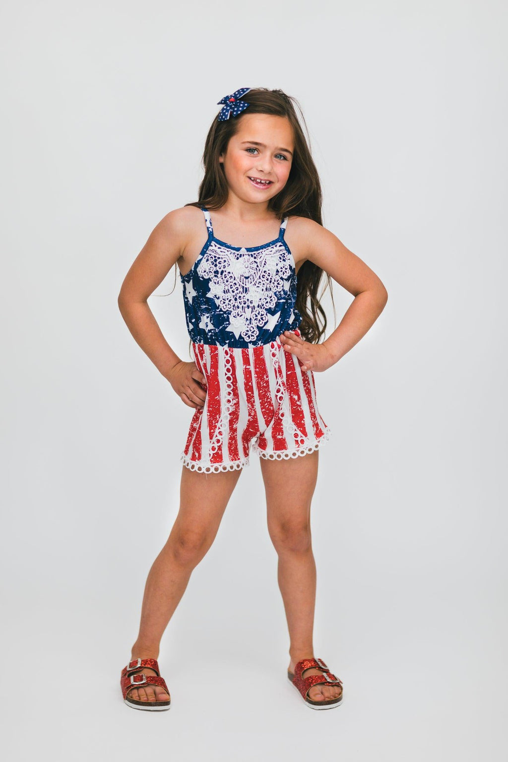 Distressed Stars & Stripes Romper - Sparkle in Pink