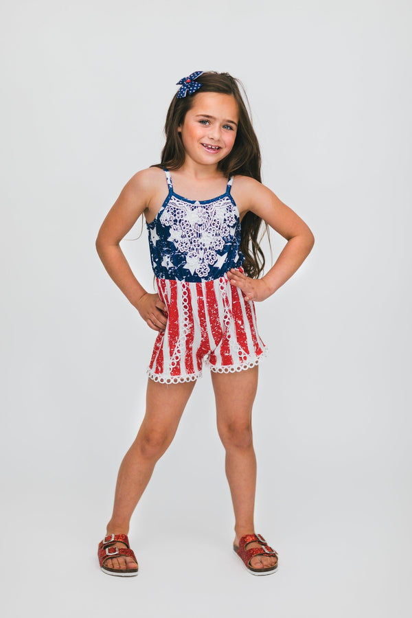 Distressed Stars & Stripes Romper - Sparkle in Pink