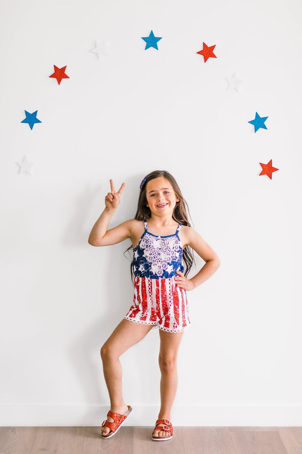 Distressed Stars & Stripes Romper - Sparkle in Pink