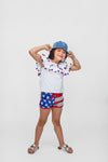 White Pom Pom Sequin Flag Short Set - Sparkle in Pink