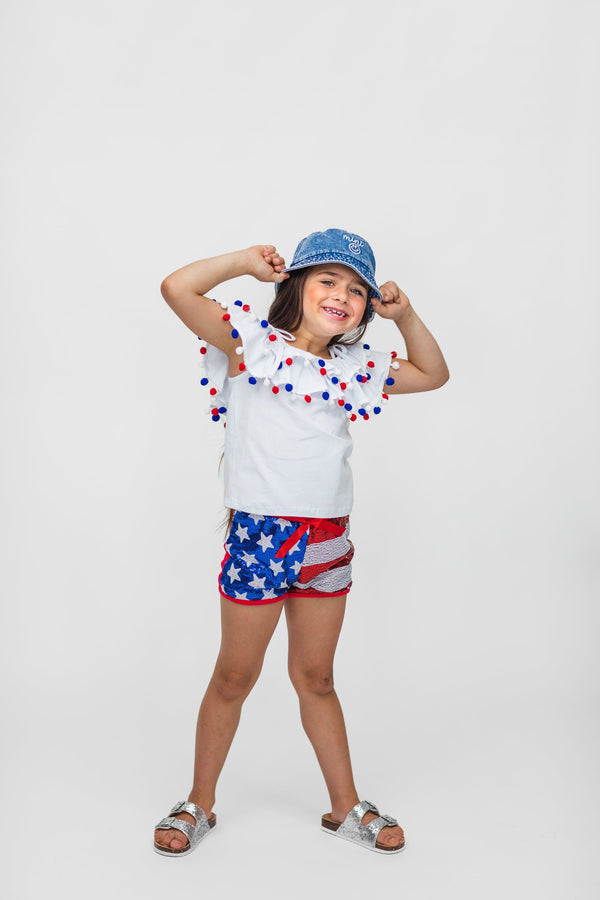 White Pom Pom Sequin Flag Short Set - Sparkle in Pink