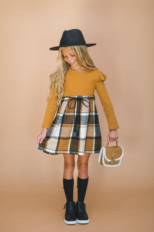 Tan Plaid Long Sleeve Dress - Sparkle in Pink