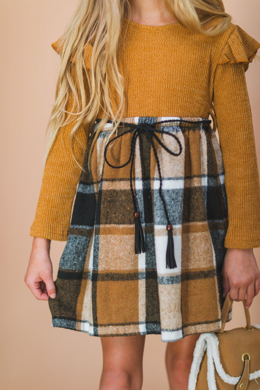 Girls' Brown Plaid Long Sleeve Dress Sparkle In Pink Girls' Brown Plaid Long Sleeve Dress Sparkle In Pink