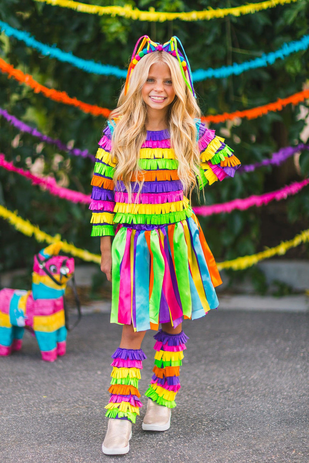 Rainbow Piñata Girl Costume 4 Piece Set - Sparkle in Pink