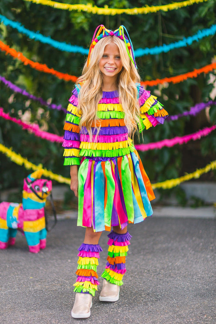 Rainbow Piñata Girl Costume 4 Piece Set - 3XS-6-12 Months - Girl's rainbow piñata costume set with striped off-shoulder top, skirt, leg warmers, and headband with ears.