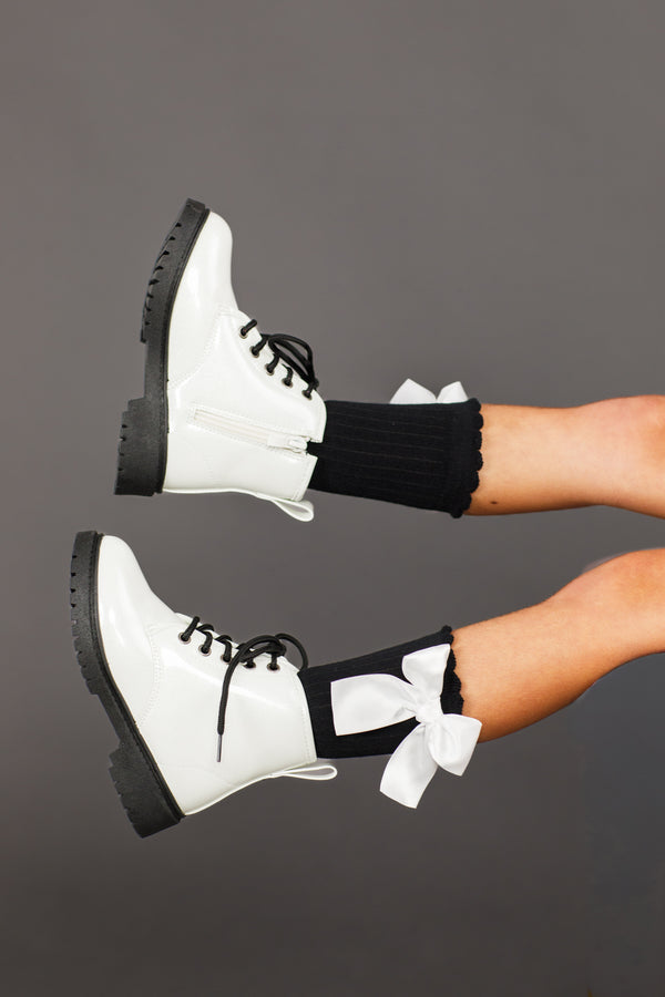 White Glitter Lace-Up Combat Boots